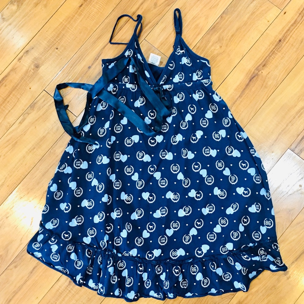 Victoria Secret Pink sleep gown dress navy blue white dog logo ruffles p…